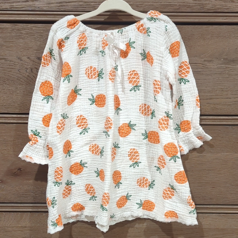 Toddler Girls White Pineapple Print Night Gown With Lace Trim